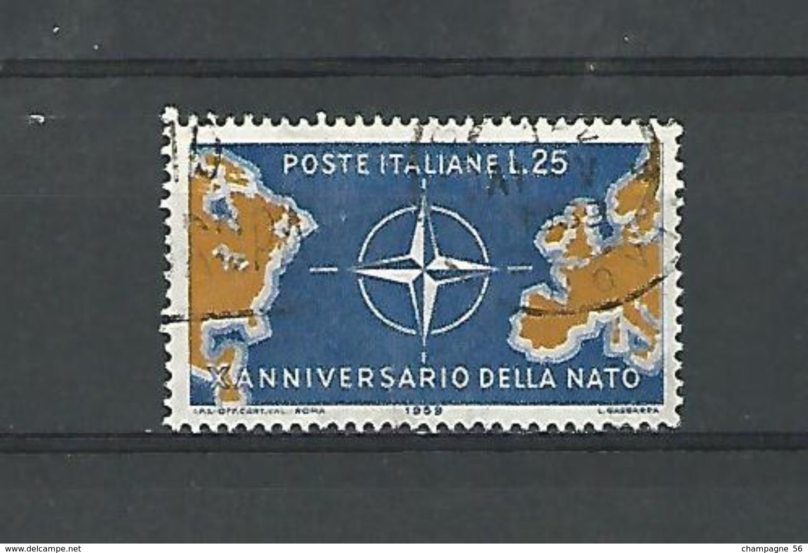 VARIÉTÉS 1959 N° 781 ITALIE 25 L BLEU ET JAUNE   ANNIVERSAIRE DE L'.O.T.A.N    OBLITÉRÉ - Varietà E Curiosità