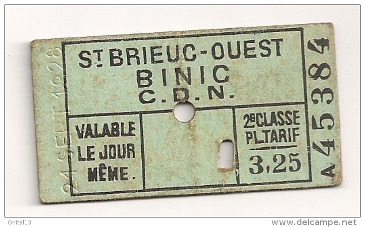 TICKET DE TRAIN 1928 ST SAINT BRIEUC OUEST BINIC C D N 2EME CLASSE CPA896 - Europe