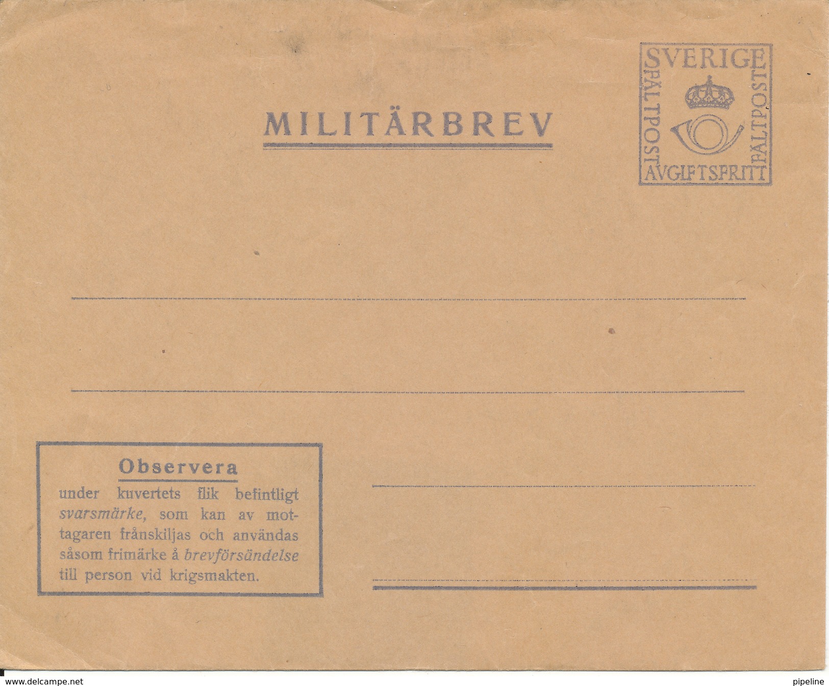 Sweden Cover Fältpost In Mint Condition - Militaires