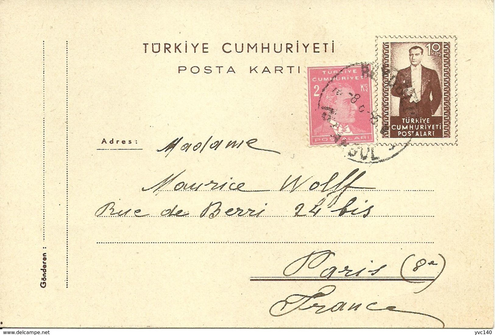 Turkey; 1953 Postal Stationery Sent To Paris - Postal Stationery