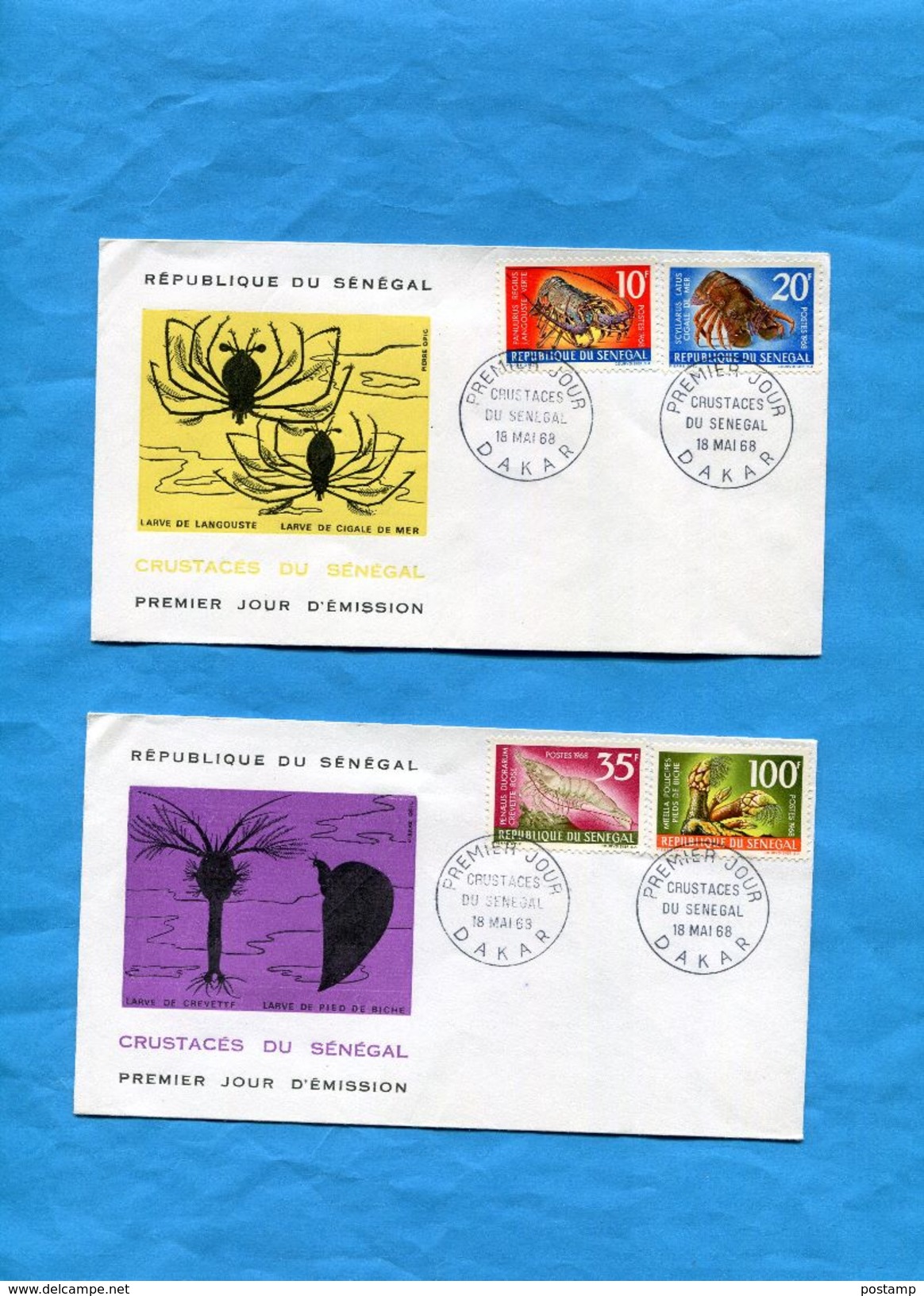 Marcophilie-Sénégal-2 Enveloppes FDC 1968-les Crustacés Du Sénégal-4 Stamps Série N°305-8 - Senegal (1960-...)