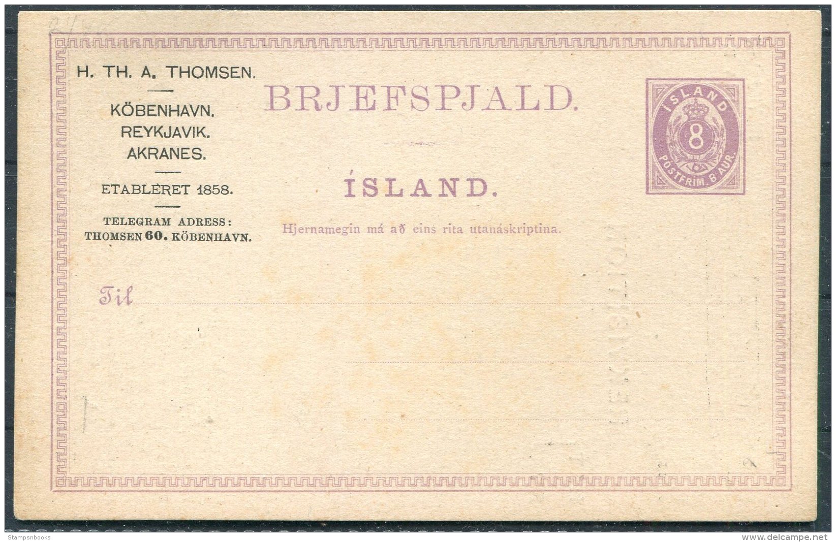 Iceland 8 Ore Lilac Numeral Brjefspjald Stationery Postcard H.Th. A. Thomsen Shop Rekvisition Advertising - Postal Stationery