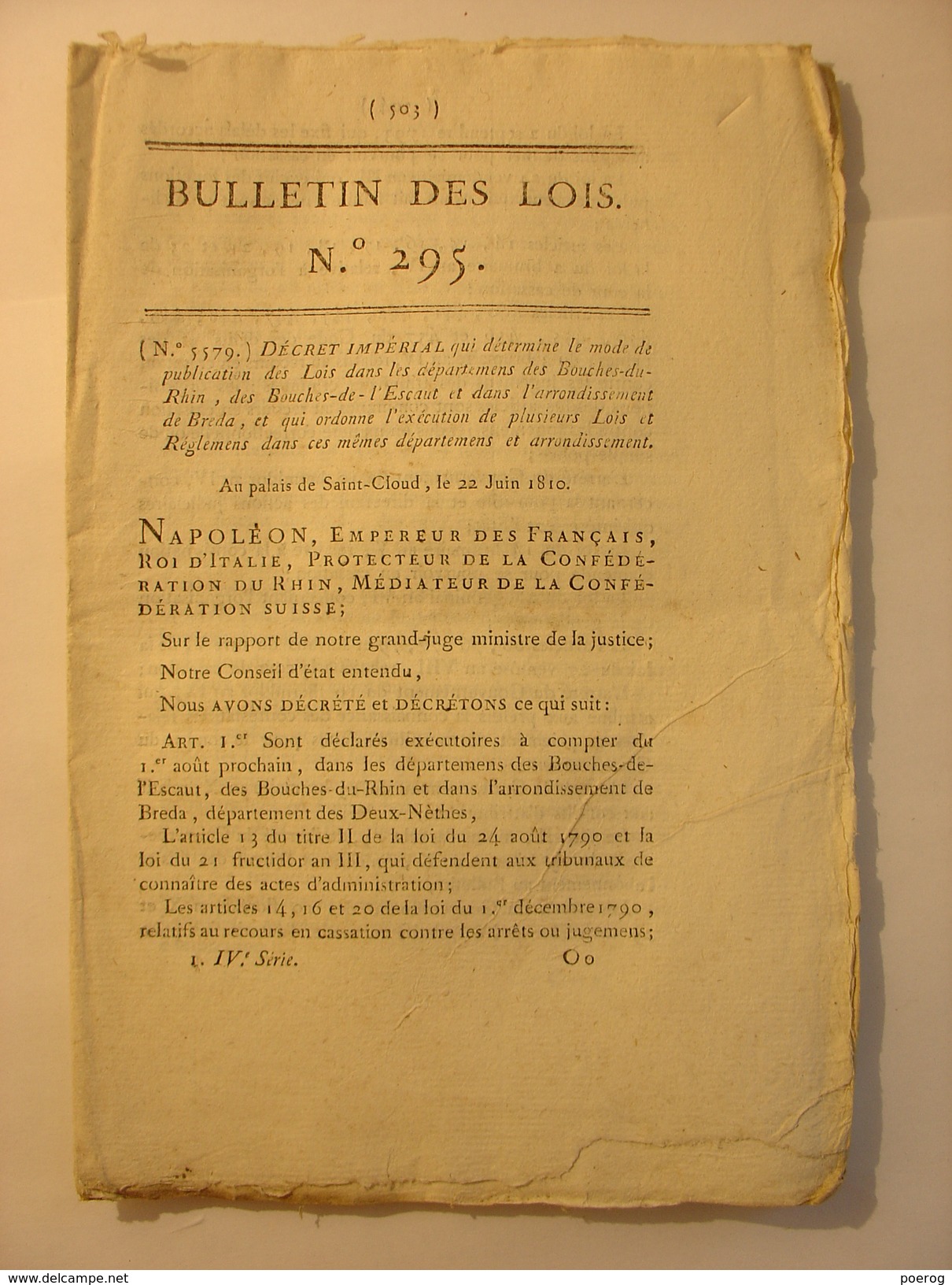 BULLETIN DES LOIS JUIN 1810 - PAYS BAS CULTE - AMNISTIE DELITS FORESTIERS - RIVIERE HAYNE HAINE BATELIERS CONDE BELGIQUE - Gesetze & Erlasse