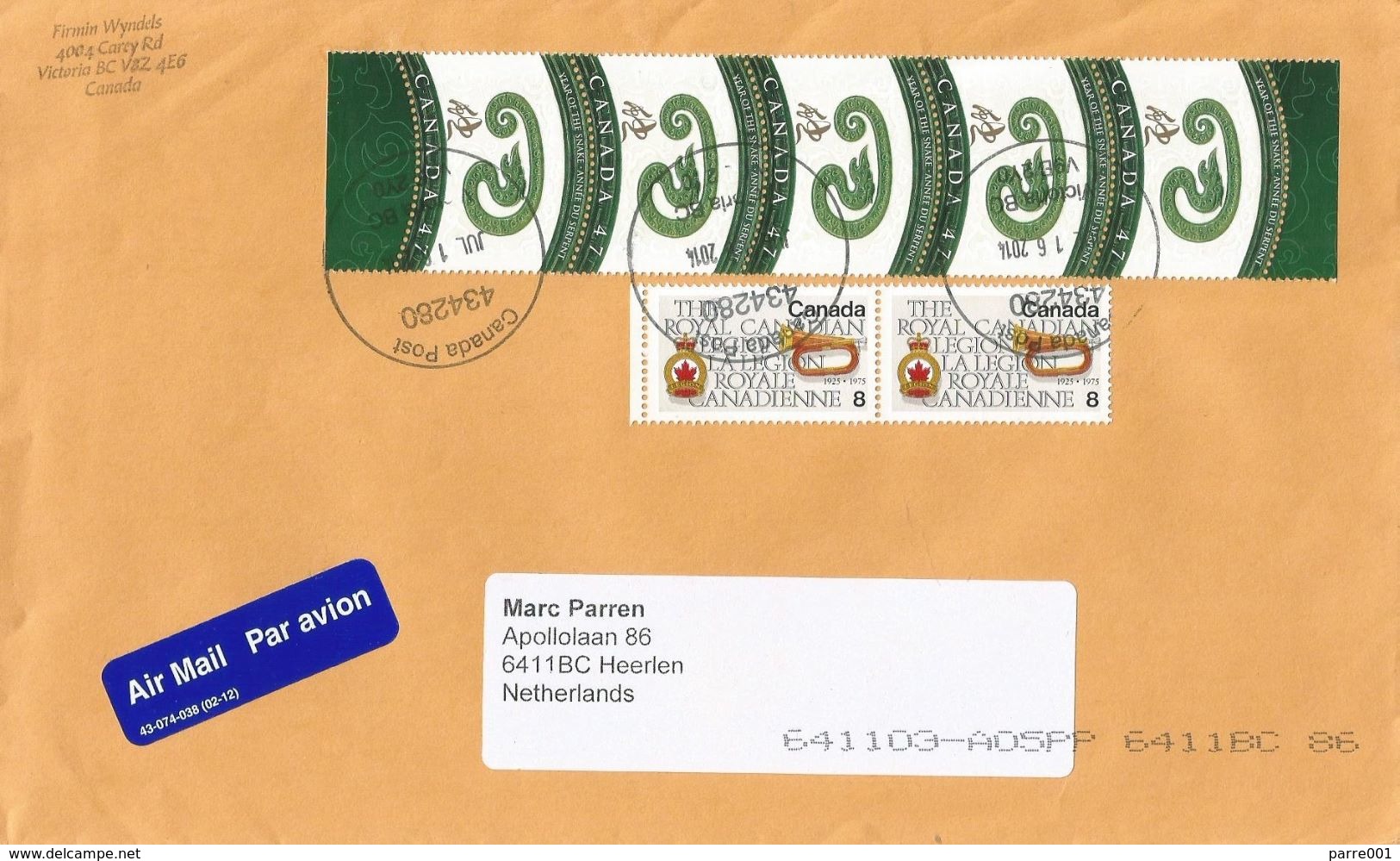 Canada 2014 Victoria Snake Lunar Year Royal Legion Cover - Brieven En Documenten