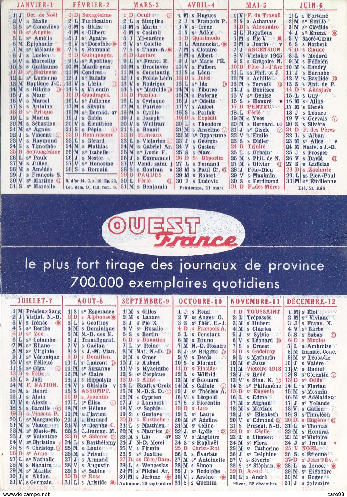 Calendrier Publicité OUEST FRANCE 1970 - Formato Piccolo : 1961-70