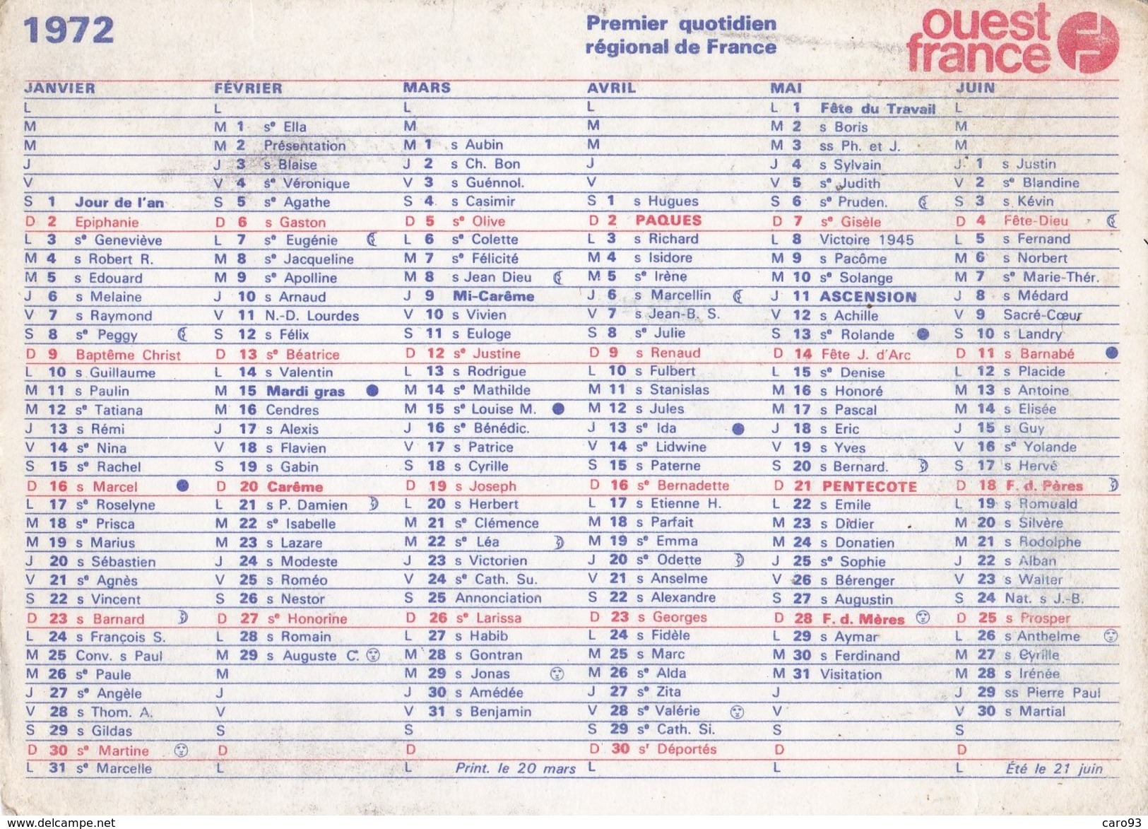 Calendrier Publicité OUEST FRANCE 1972 - Kleinformat : 1961-70