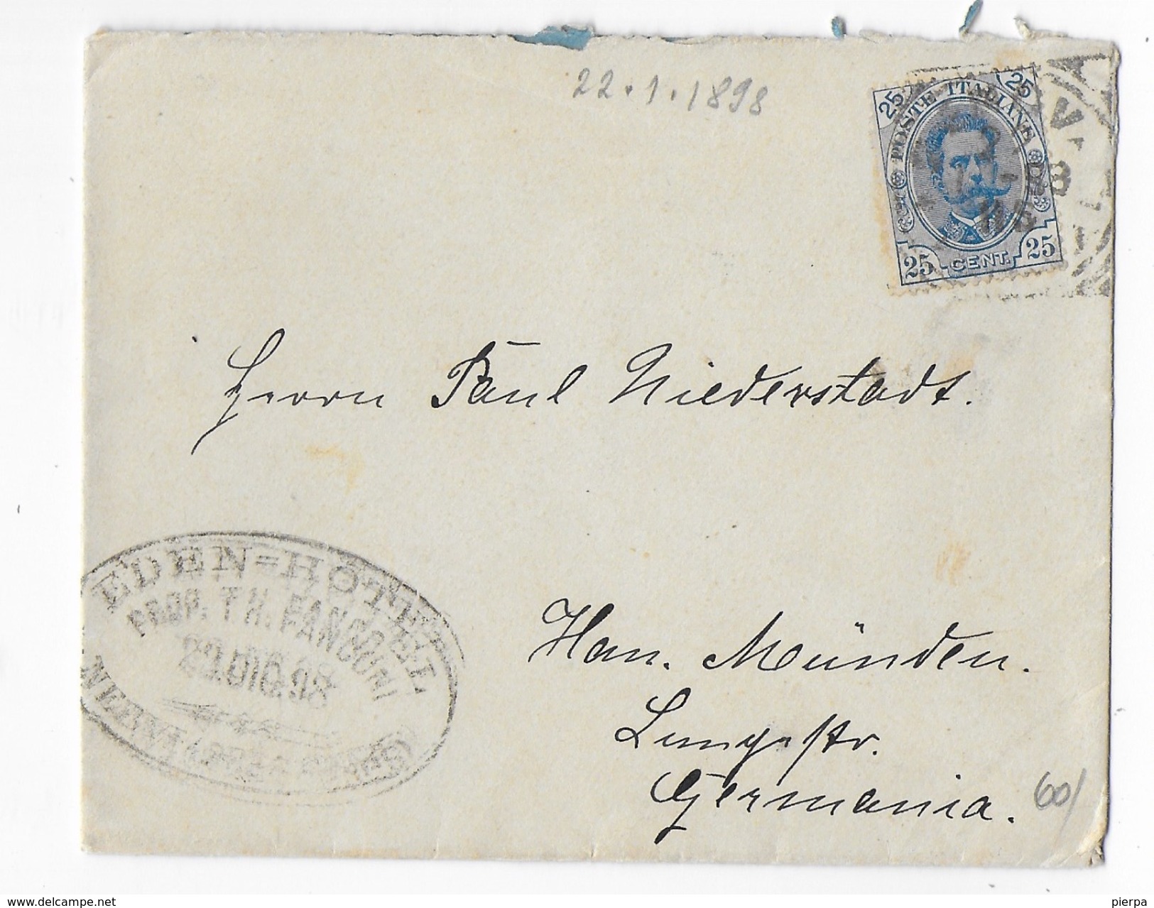 STORIA POSTALE REGNO - CENT 25 UMBERTO I° ISOLATO SU BUSTINA DA GENOVA PER LA GERMANIA 22.12.1898 - Storia Postale