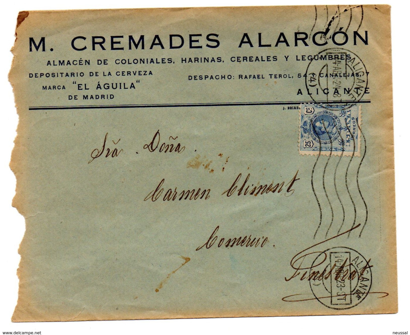 Carta Con Matasellos De Rodillo Alicante  De 1923. Con Publicidad  De Almacen . - Cartas & Documentos