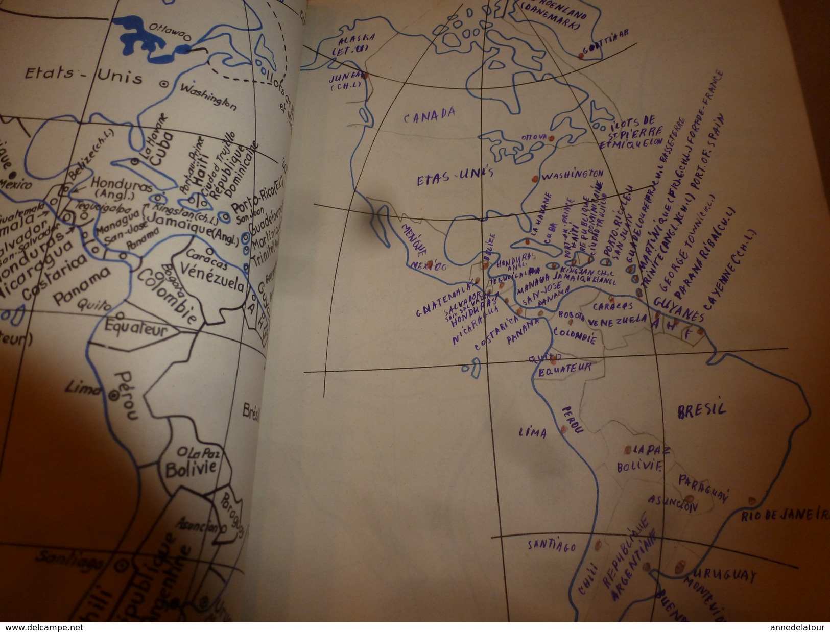 1957 Exercices de Cartographie- Terres et Mers du Globe--Les 5 parties du Globe--Grandes Puissances du Monde