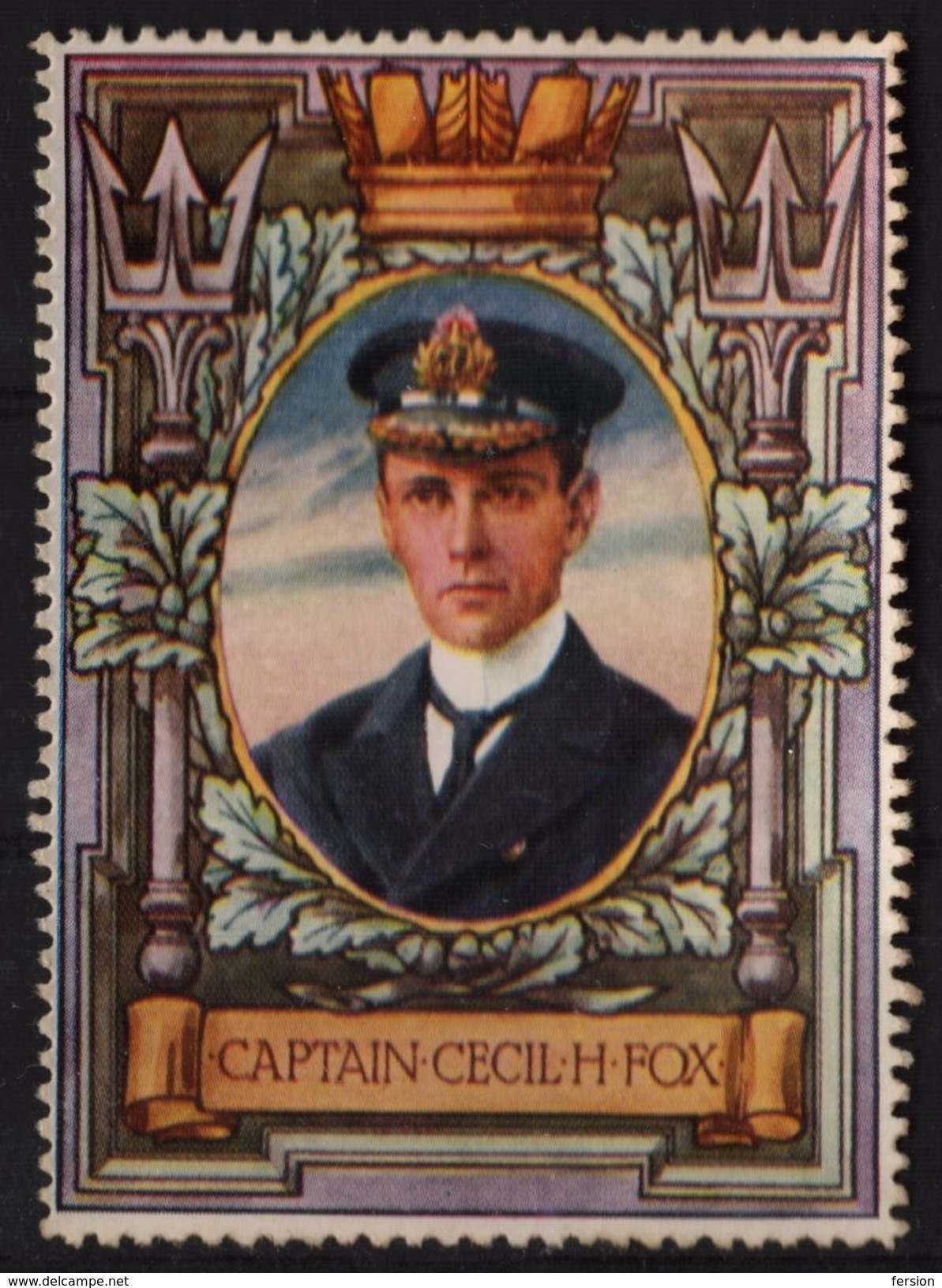 WWI WW1 World War HEROES HERO - Label Cinderella Vignette - Great Britain England Soldier Cecil H Fox Royal Navy Captain - WO1