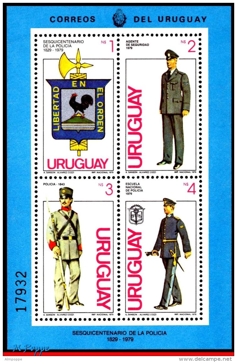 Ref. UR-1058 URUGUAY 1980 POLICE, POLICE FORCE SESQUICENT.,, COAT OF ARM, DATED 1979, MI# B46, MNH 4V Sc# 1058 - Police - Gendarmerie