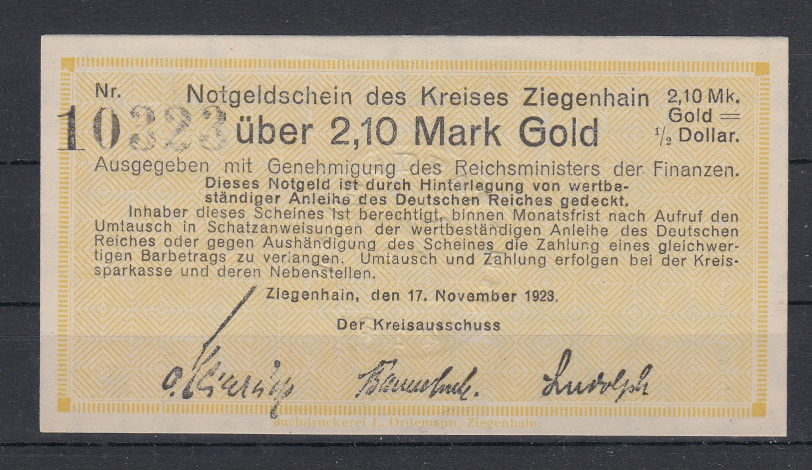 Dt.Reich Notgeldschein Des Kreises Ziegenhain über 2,10 Mark Gold, Kassenfrisch - Zwischenscheine - Schatzanweisungen