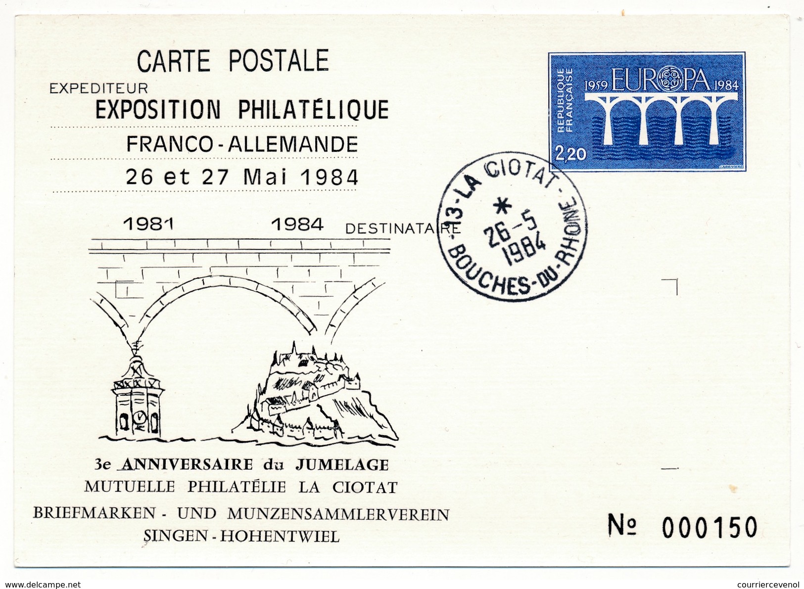 CP Entier Repiqué - Exposition Philatélique Franco Allemande - La Ciotat - 26 Mai 1984 - Cartes Postales Repiquages (avant 1995)