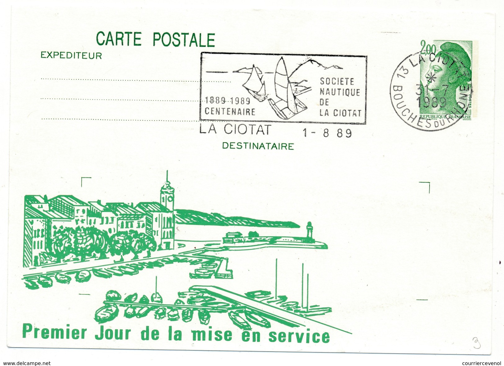 CP Entier Repiqué - Premier Jour Mise En Service De La Flamme Société Nautique - La Ciotat - 1 Aout 1989 - Overprinter Postcards (before 1995)