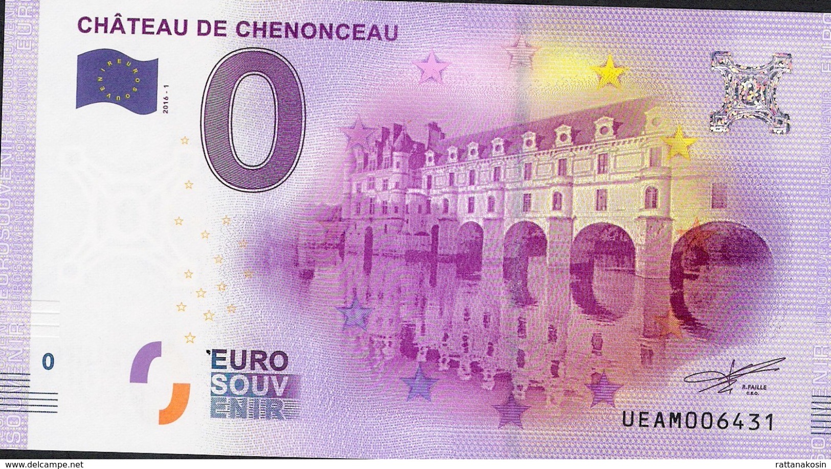 FRANCE EUROSOUVENIR NLP ZERO EURO CHENONCEAU 2016 UNC. - Sonstige & Ohne Zuordnung