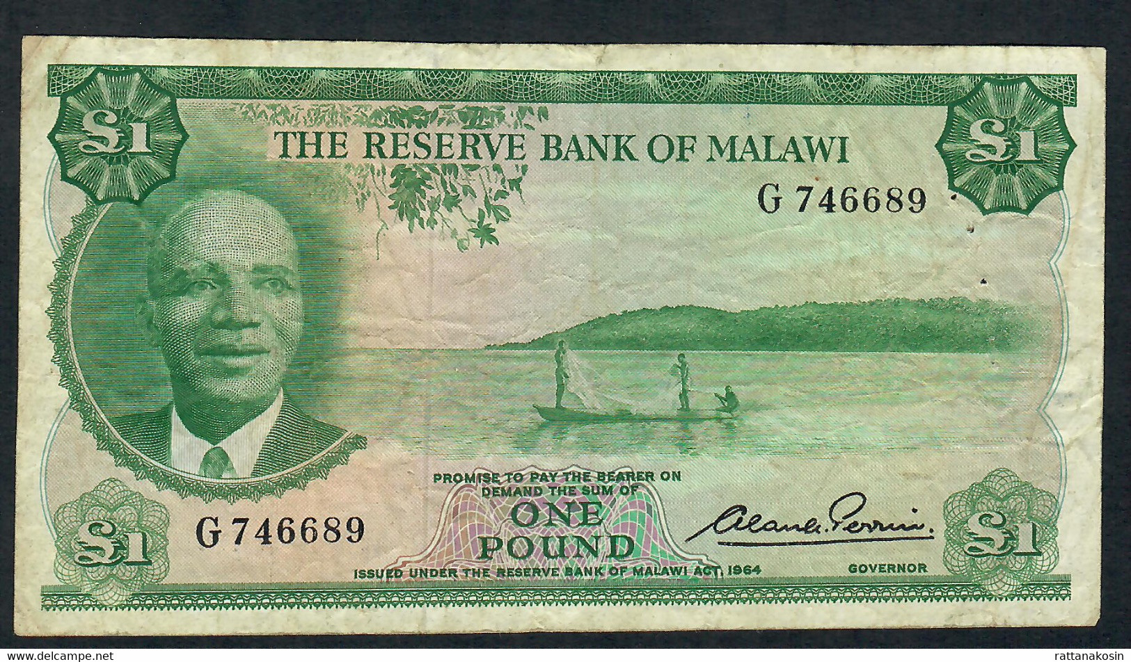 MALAWI P3 1 POUND 1964  #G  Signature 1  GOVERNOR       Fine With 3 P.h. - Malawi