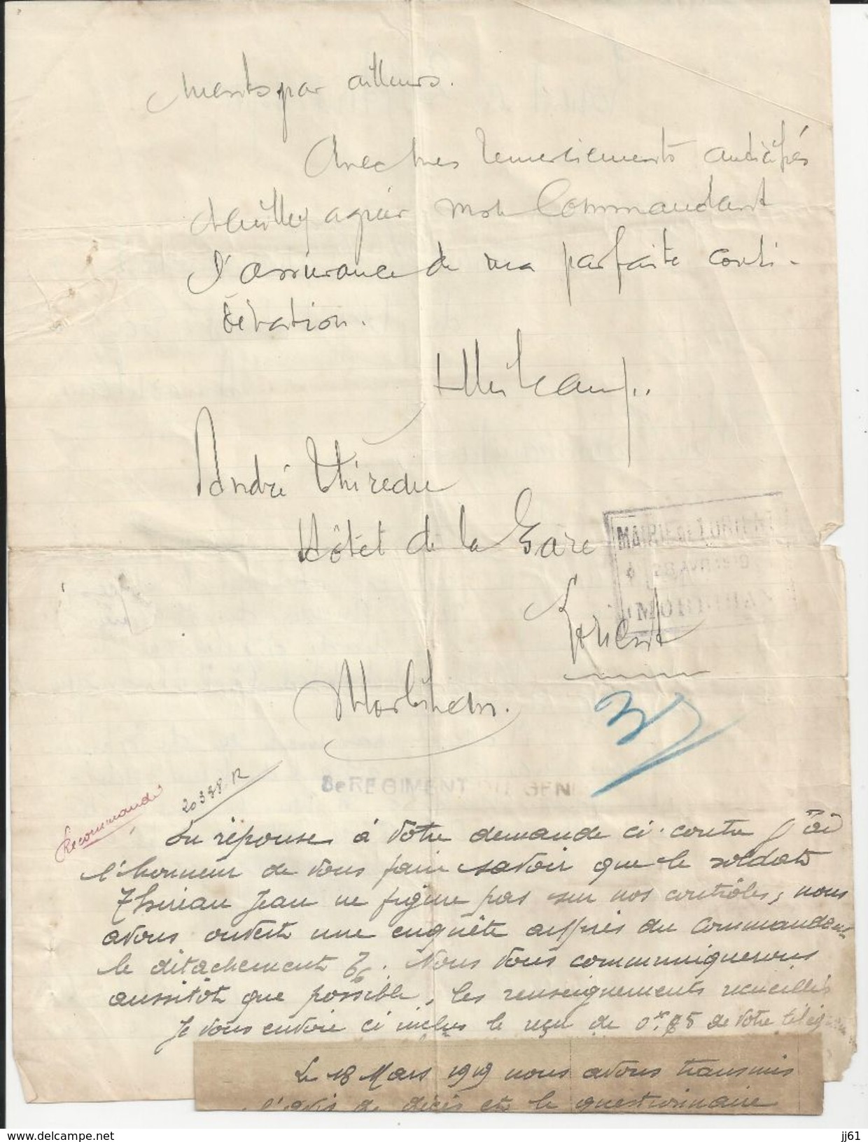 LORIENT HOTEL TERMINUS DE LA GARE ROY GUILLAS 3 LETTRES SIGNEE ANDRE THIREAU LORIENT ET ENVELOPPE AVEC CACHET ANNEE 1919 - Autres & Non Classés