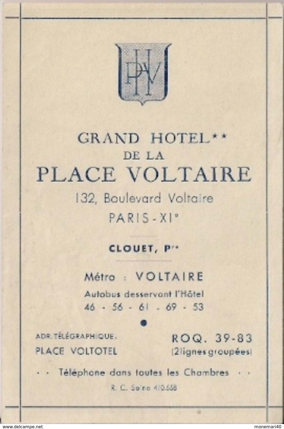 METRO DE PARIS (Offert Par Le Grand Hôtel De La Place Voltaire En 1952) - Europe