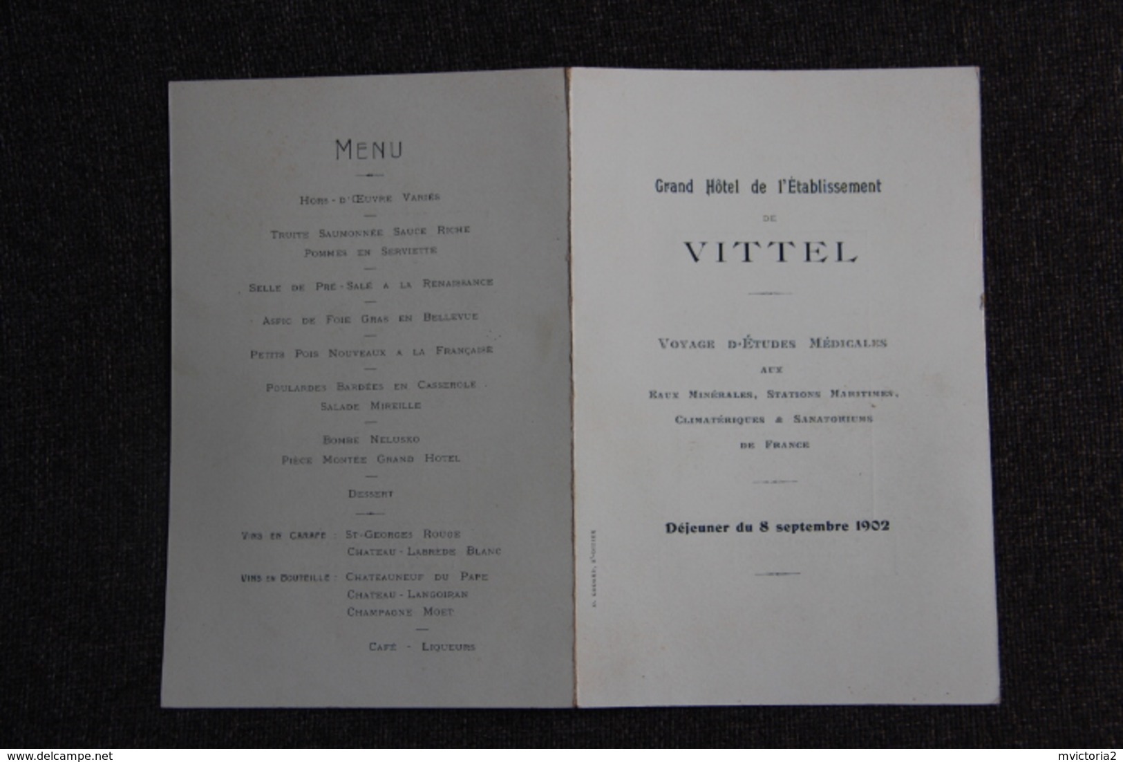 VITTEL - Très Beau Menu Pliant, Publicitaire, Servi Au Grand Hôtel De L'Etablissement De VITTEL, Le 8 Septembre 1902 - Menükarten