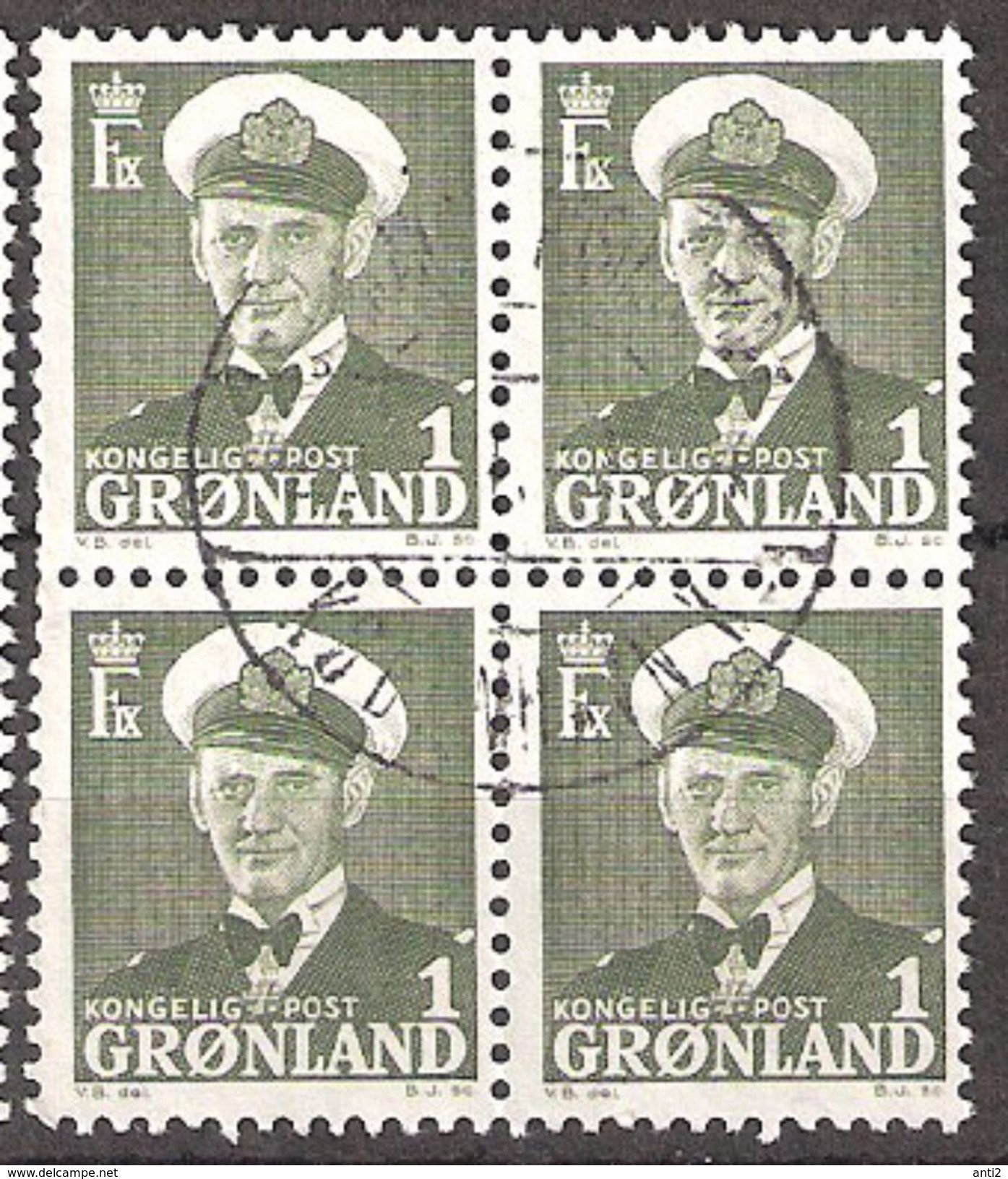 Greenland 1950 King Frederik IX, 1øre, Mi 28 Bloc Of Four, Canclled(o) - Used Stamps