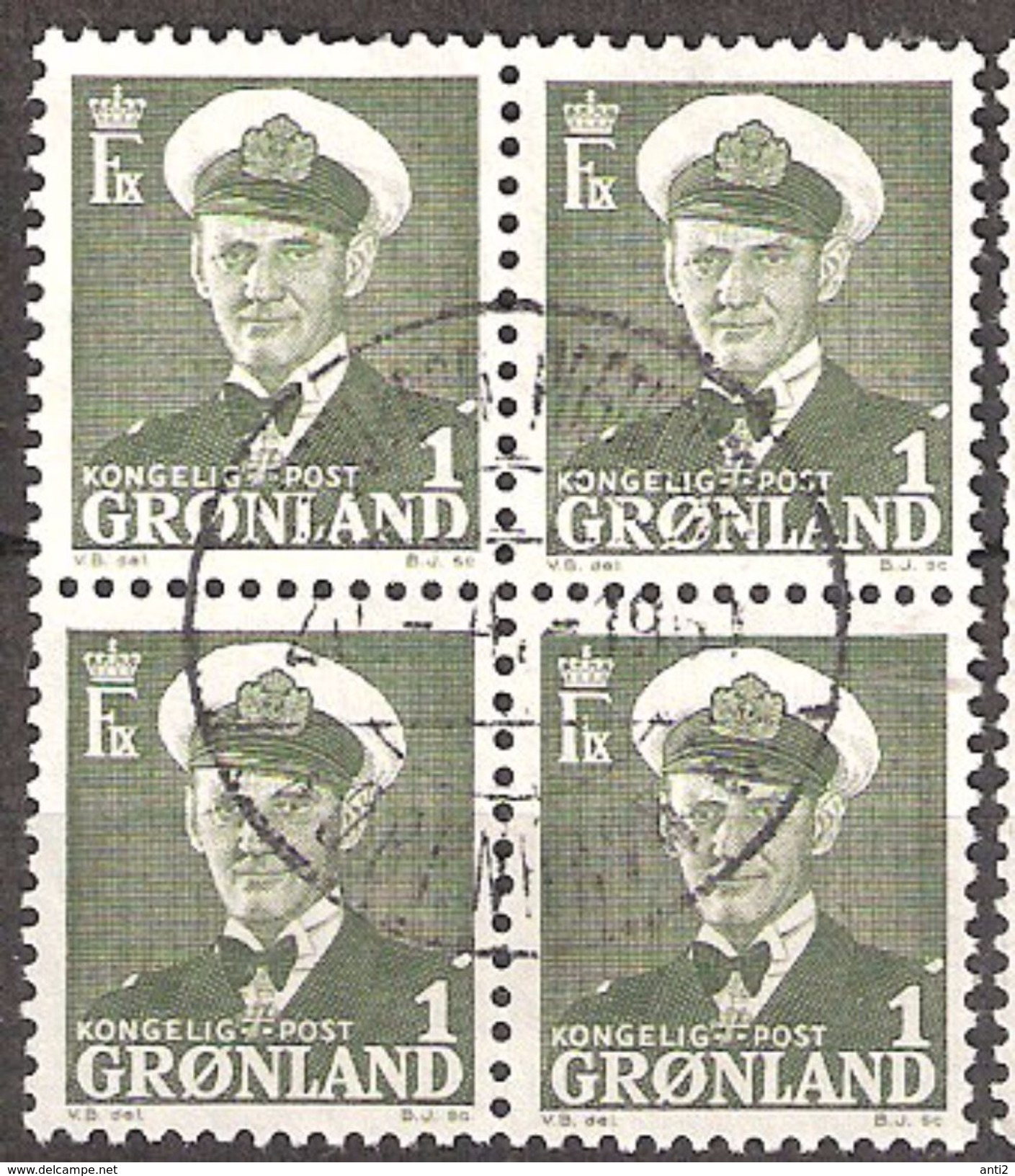 Greenland 1950 King Frederik IX, 1øre, Mi 28 Bloc Of Four, Canclled(o) - Gebraucht