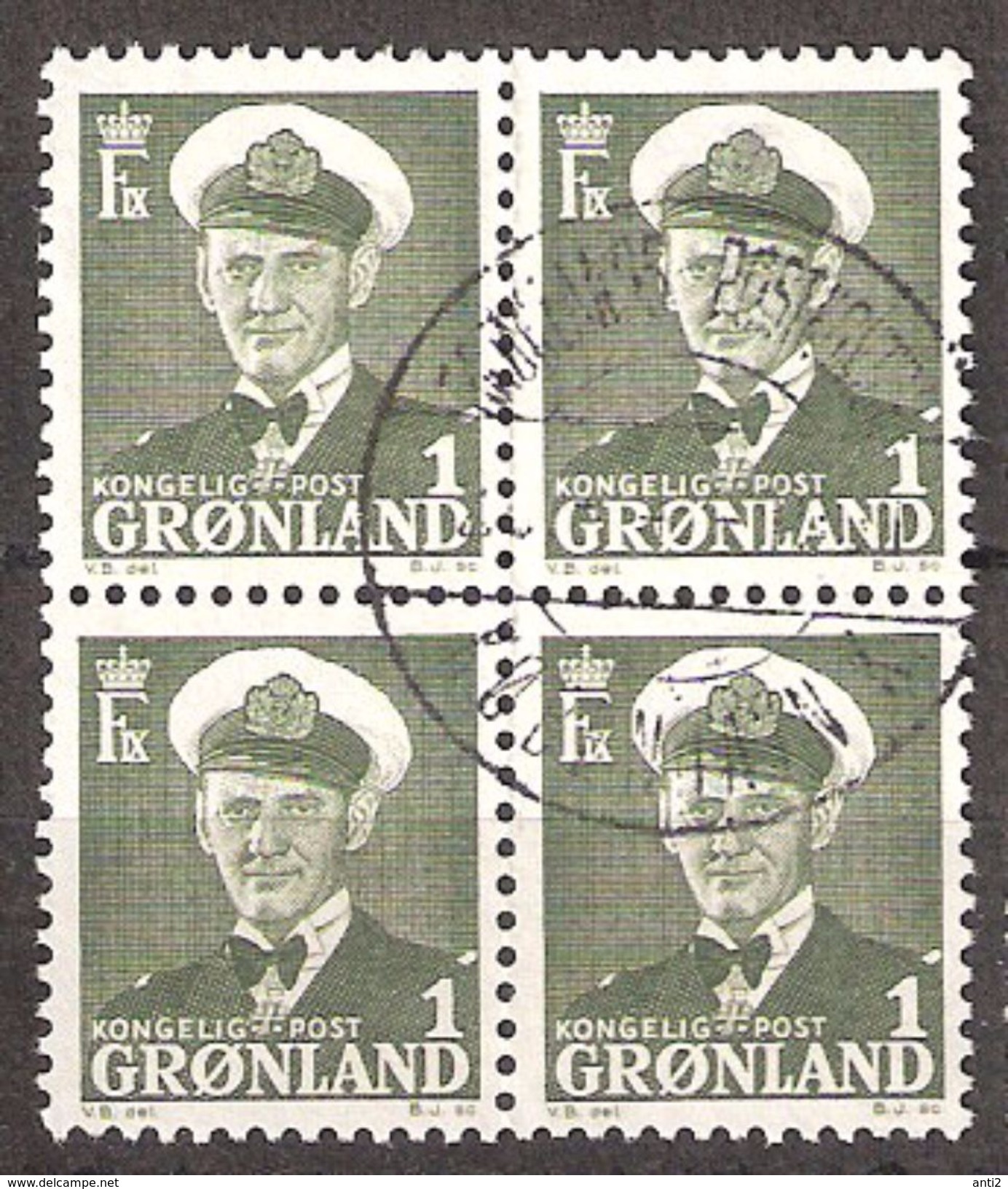 Greenland 1950 King Frederik IX, 1øre, Mi 28 Bloc Of Four, Canclled(o) - Usados