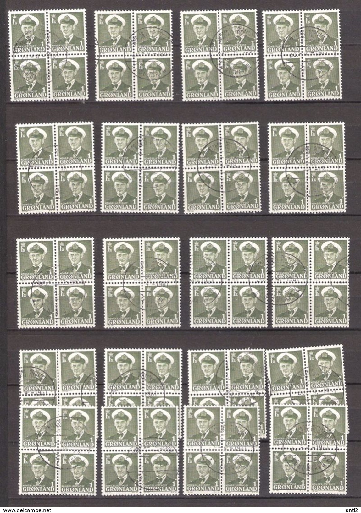 Greenland 1950 King Frederik IX, 1øre, Mi 28 - 20 X Bloc Of Four, Canclled(o) - Used Stamps