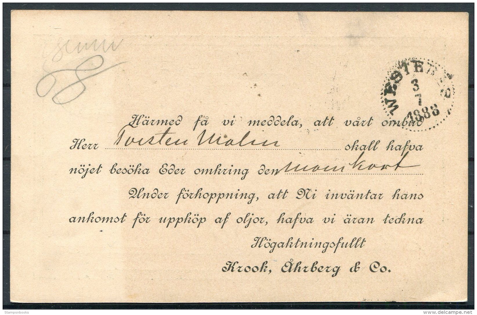 1888 Sweden Stationery Postcard Stockholm - Westeras - Covers & Documents