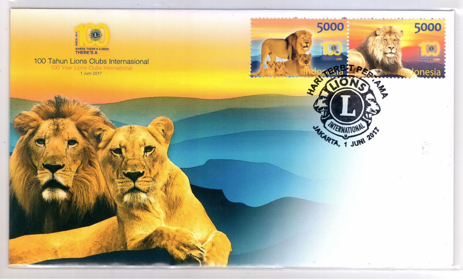 INDONESIA 2017--5 100TH LIONS CLUB INTERNATIONAL TIGER FDC STAMPS MNH - Indonésie