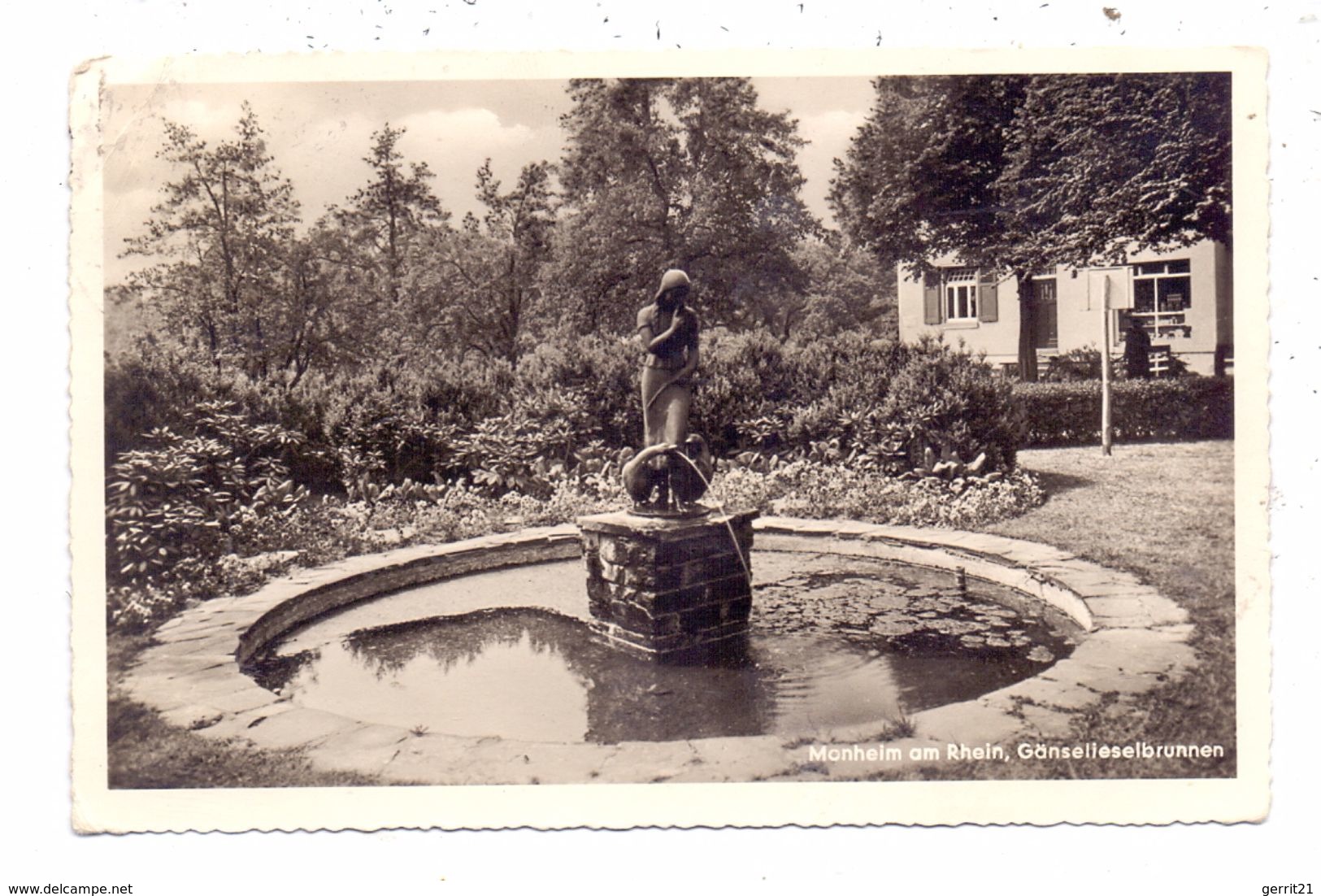 4019 MONHEIM, Gänselieselbrunnen, Rücks. Klebereste - Monheim