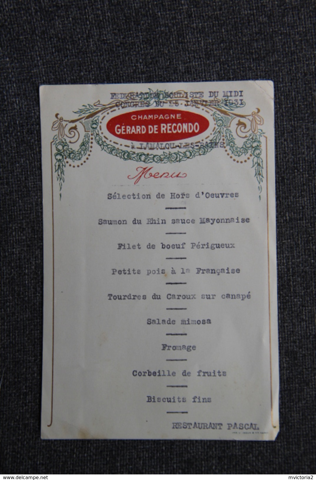 LAMALOU LES BAINS, Restaurant PASCAL, Menu Du Congrès De La Fédération Des Boulistes Du MIDI, Le 25 Janvier 1931 - Menus