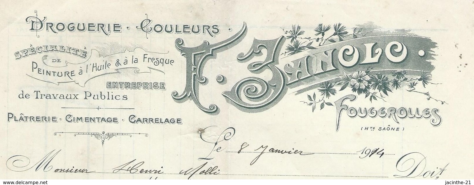 1914 Droguerie Couleurs F. JANOLO Fougerolles Haute-Saône/ Peinture à L'huile & à La Fresque/ Travaux Publics Bâtiment - Profumeria & Drogheria