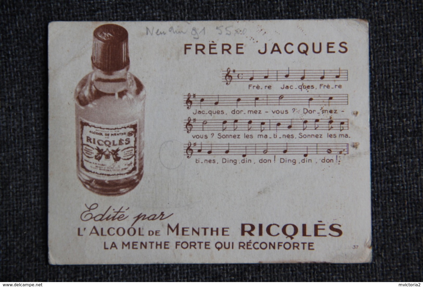Advertising - Fiche Publicitaire, Alcool de Menthe RICQLES, Chanson  Frère  JACQUES.