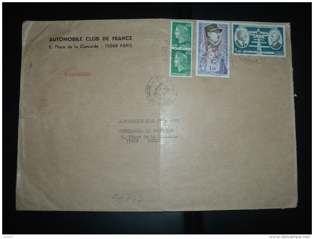 LR TP DAURAT VANIER 5,00 + LIBERATION 1,00 + MARIANNE DE CHEFFER 0,30  Paire OBL.27-1-1975 AVON (77) AUTOMOBILE CLUB DE - Postal Rates