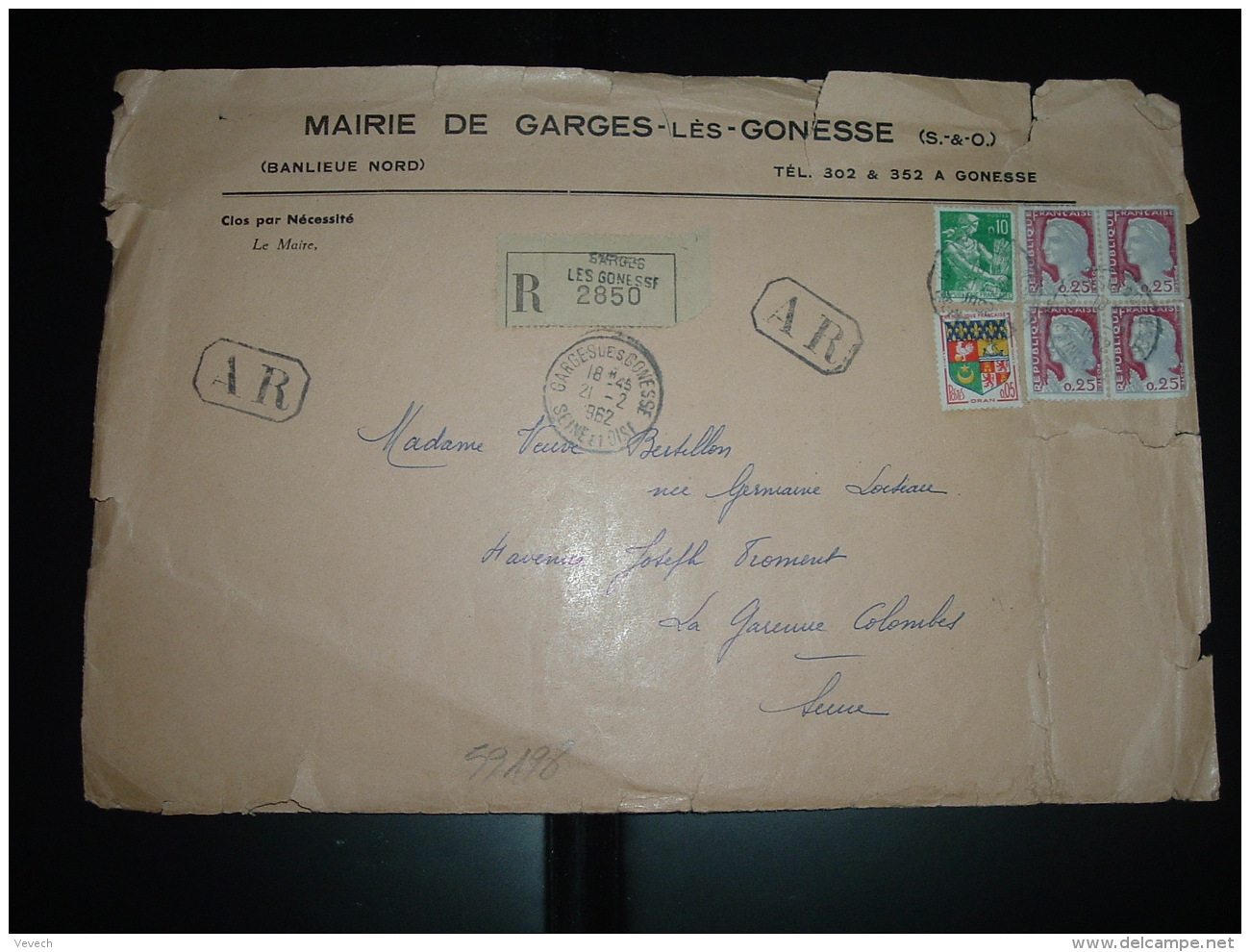 LR AR TP MARIANNE DE DECARIS 0,25 BLOC DE 4 + PAYSANNE 0,10 + ORAN 0,05 OBL.21-2-1962 GARGES LES GONESSE (95) - Postal Rates