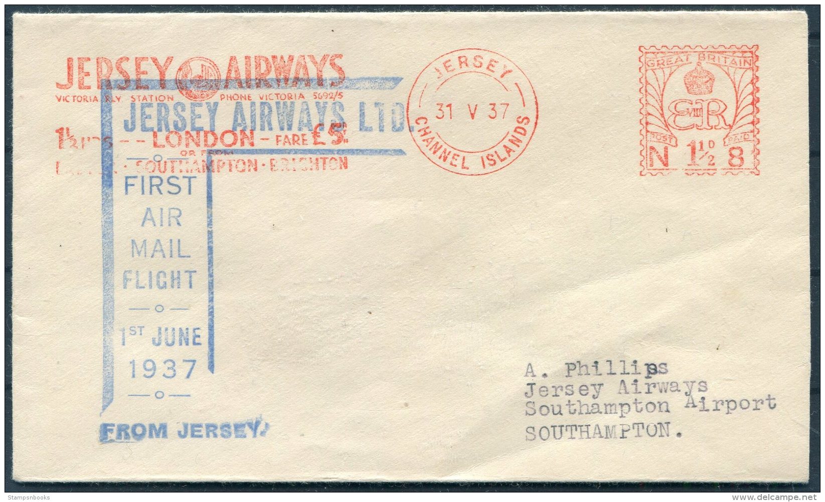 1937 Jersey Airways First Flight Franking Machine Cover - London Southampton. Meter Mark - Jersey