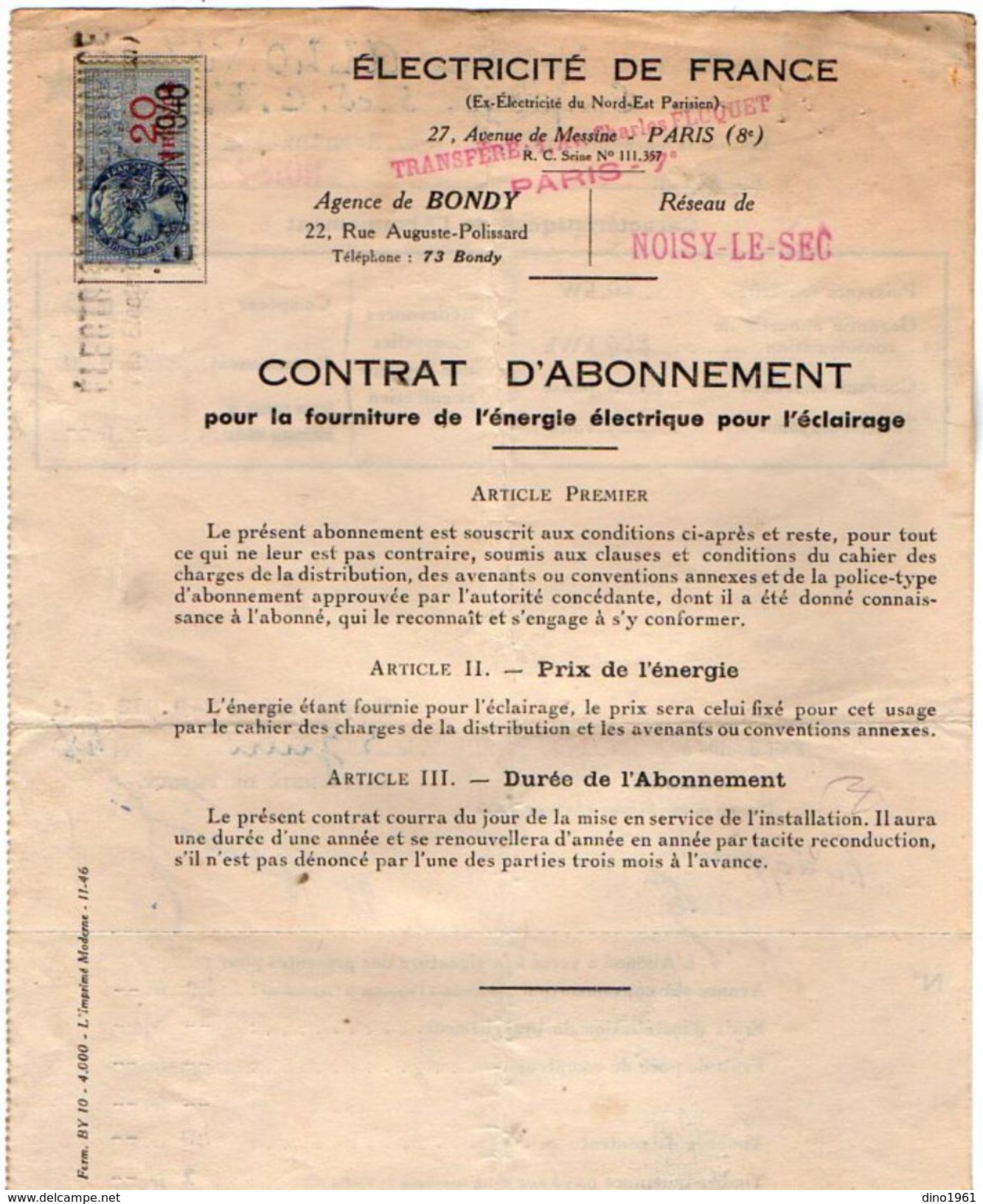 VP10.745 - 1948 - BONDY - NOISY LE SEC - Electricité De France - Contrat D'Abonnement - Electricity & Gas