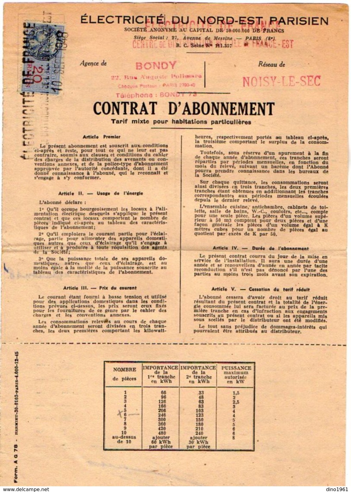 VP10.746 - 1948 - BONDY - NOISY LE SEC - Electricité De France - Contrat D'Abonnement - Elettricità & Gas