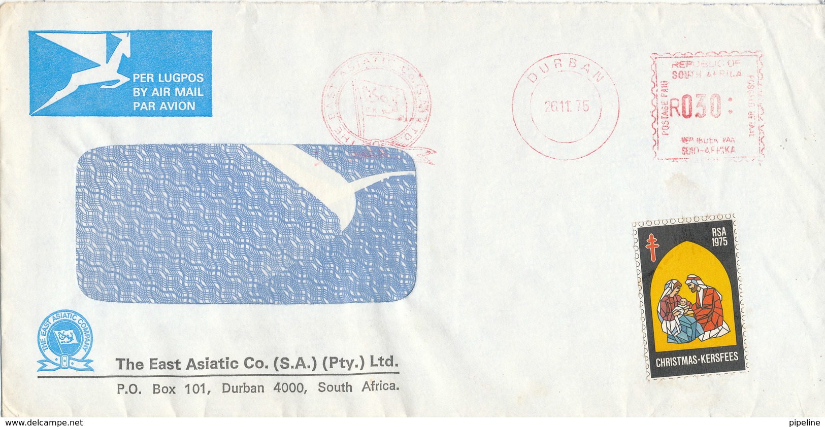 South Africa Air Mail Cover With Meter Cancel Durban 20-11-1975 The East Asiatic Compagny Also A Christmas Seal On The - Covers & Documents