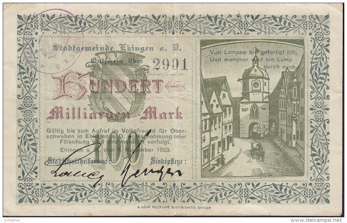 Notgeld 100 Milliarden Mark, Gutschein Der Stadt Ehingen A.d.Donau, 5.Nov.1923, Stadttor Und Sinnspruch - Lokale Ausgaben