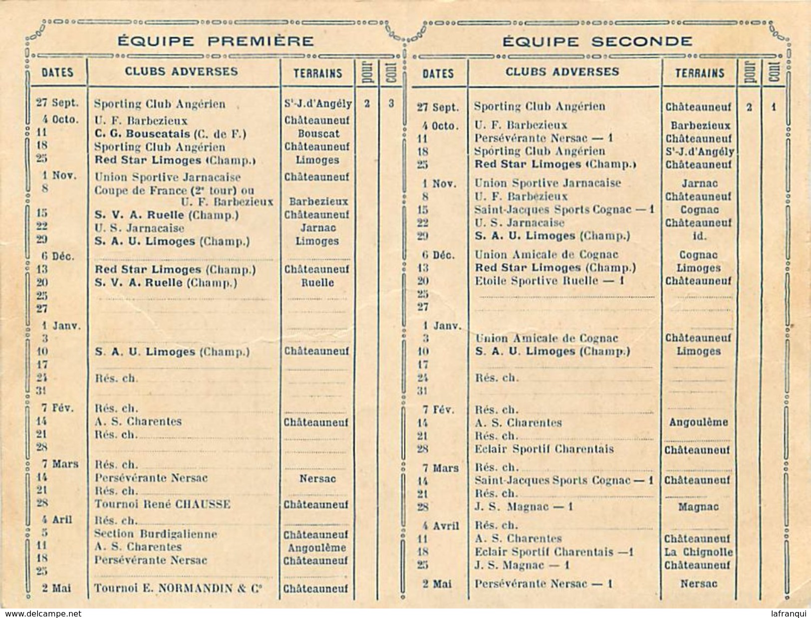 Ref 424- Sports -football -union Sportive Castelnovienne -chateauneuf -charente -calendrier Des Equipes - Zonder Classificatie