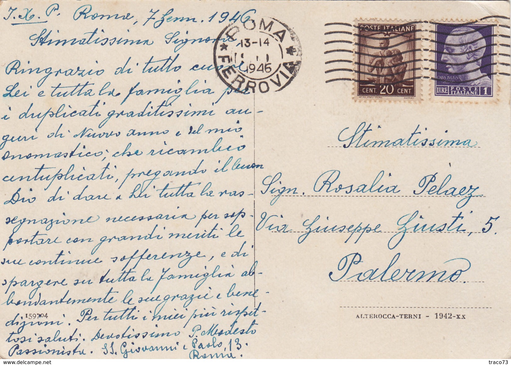 ROMA 7.1.1946 /  Palermo - Card _ Cartolina Postale Illustrata " Moricone " Imperiale S.f. Lire 1 + Cent. 20 Democratica - 1946-60: Poststempel