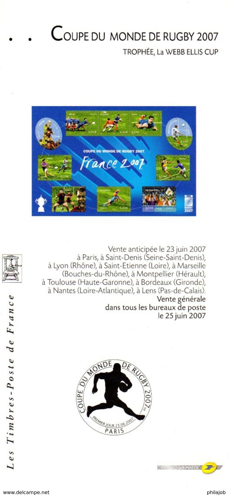 " COUPE DU MONDE DE RUGBY " Sur Fascicule Publicitaire Avec Photo Du Timbre + Cachet 1er Jour De 2007 - Rugby