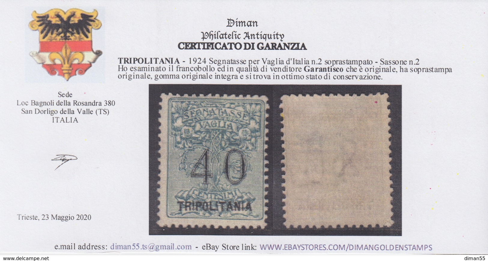 ITALIA - TRIPOLITANIA - Segnatasse Per Vaglia - Sassone N.2  Cat. 5000 Euro  MNH** - Gomma Integra Con Certificato - Tripolitania