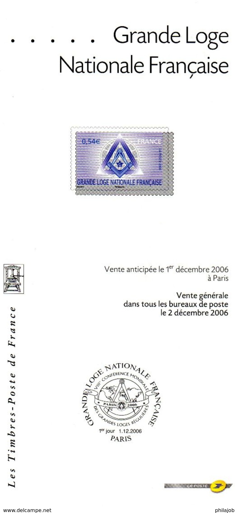 FRANCE 2006 : Fascicule Publicitaire Avec Photo Du Timbre + Cachet 1er Jour " GRANDE LOGE NATIONALE FRANCAISE " - Freimaurerei