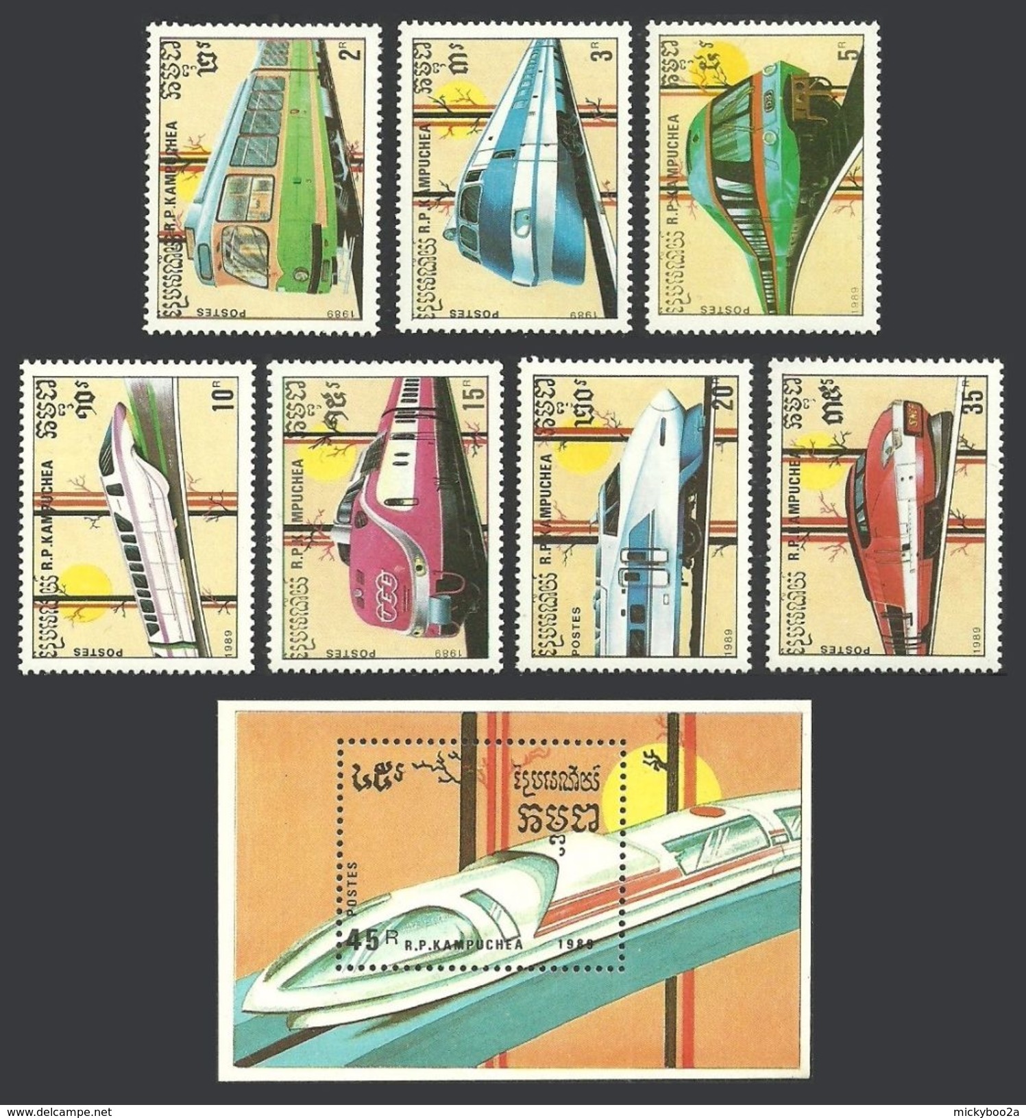 KAMPUCHEA 1989 TRAINS RAILWAYS TRAMS MONORAIL TGV SET & M/SHEET MNH - Kampuchea