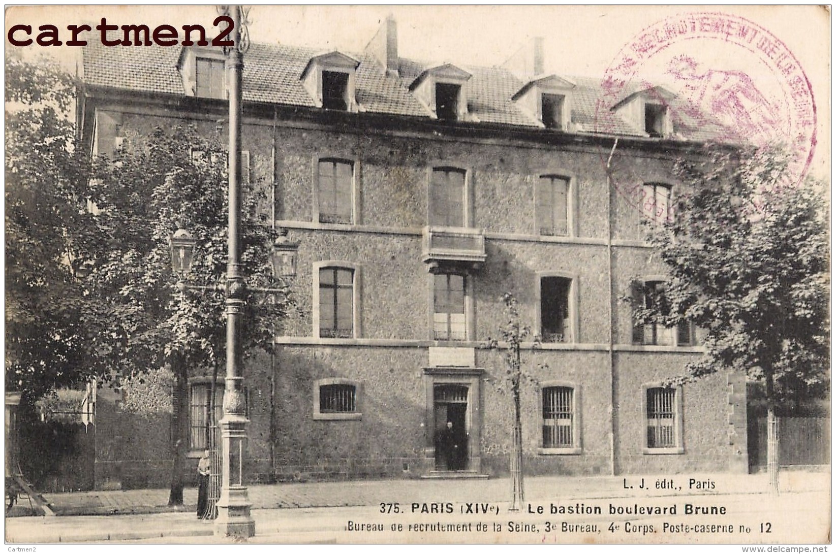 RARE CPA : PARIS BASTION BOULEVARD BRUNE CACHET MILITAIRE 3eme BUREAU DE RECRUTEMENT DE LA SEINE POSTE-CASERNE GUERRE - District 14