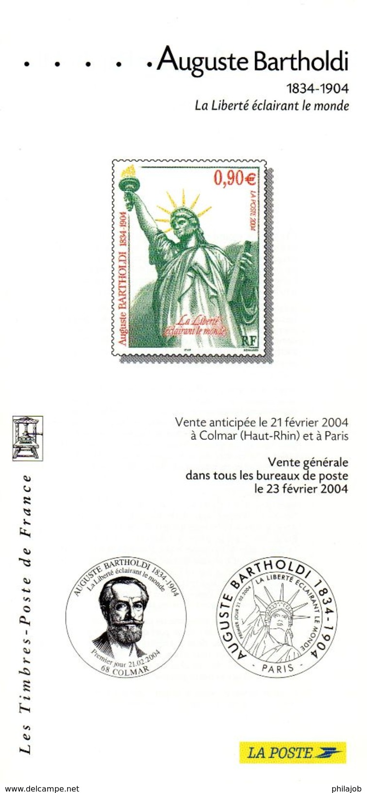 FRANCE 2004 : Fascicule Publicitaire Avec Photo Du Timbre + Cachet 1er Jour " STATUE DE LA LIBERTE / AUGUSTE BARTHOLDI " - Documents Of Postal Services