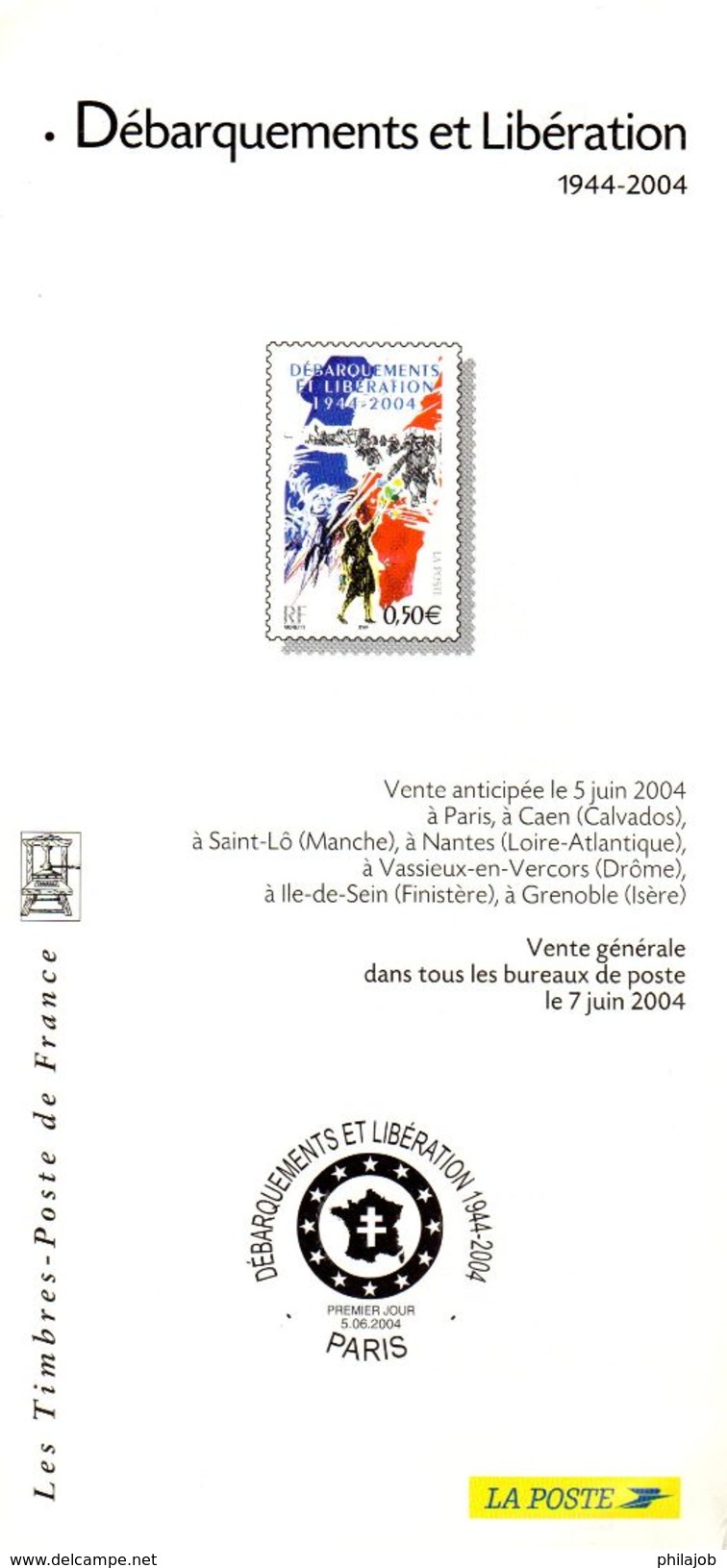 FRANCE 2004 : Fascicule Publicitaire Avec Photo Du Timbre + Cachet 1er Jour " 60 ANS DES DEBARQUEMENTS ET DE LA LIB... " - 2. Weltkrieg