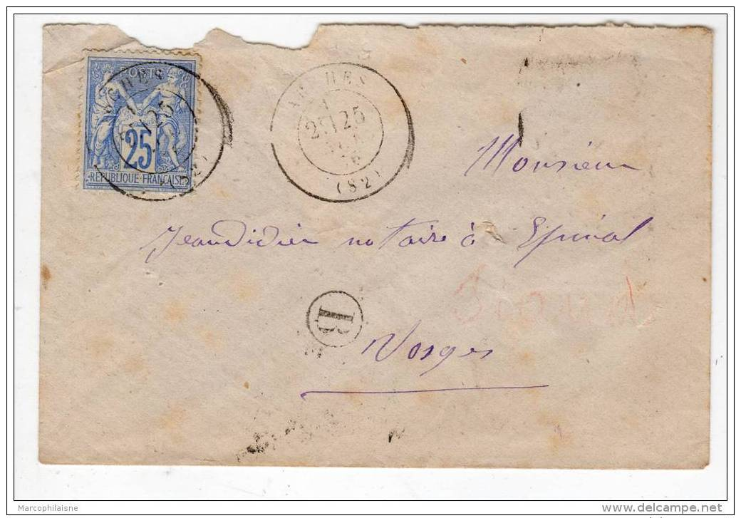 ARCHES Vosges Type 17 Sur Le Timbre 1876, Sage 25c Bleu N°79 Sur Petite Enveloppe - 1877-1920: Période Semi Moderne